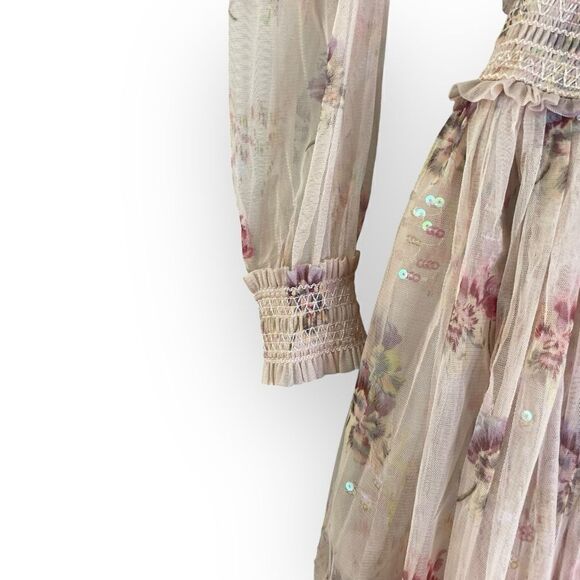 Needle & Thread Sequin Mini Dress with Sheer Sleeves in Dusty Mauve Pink Floral - Picture 3 of 15